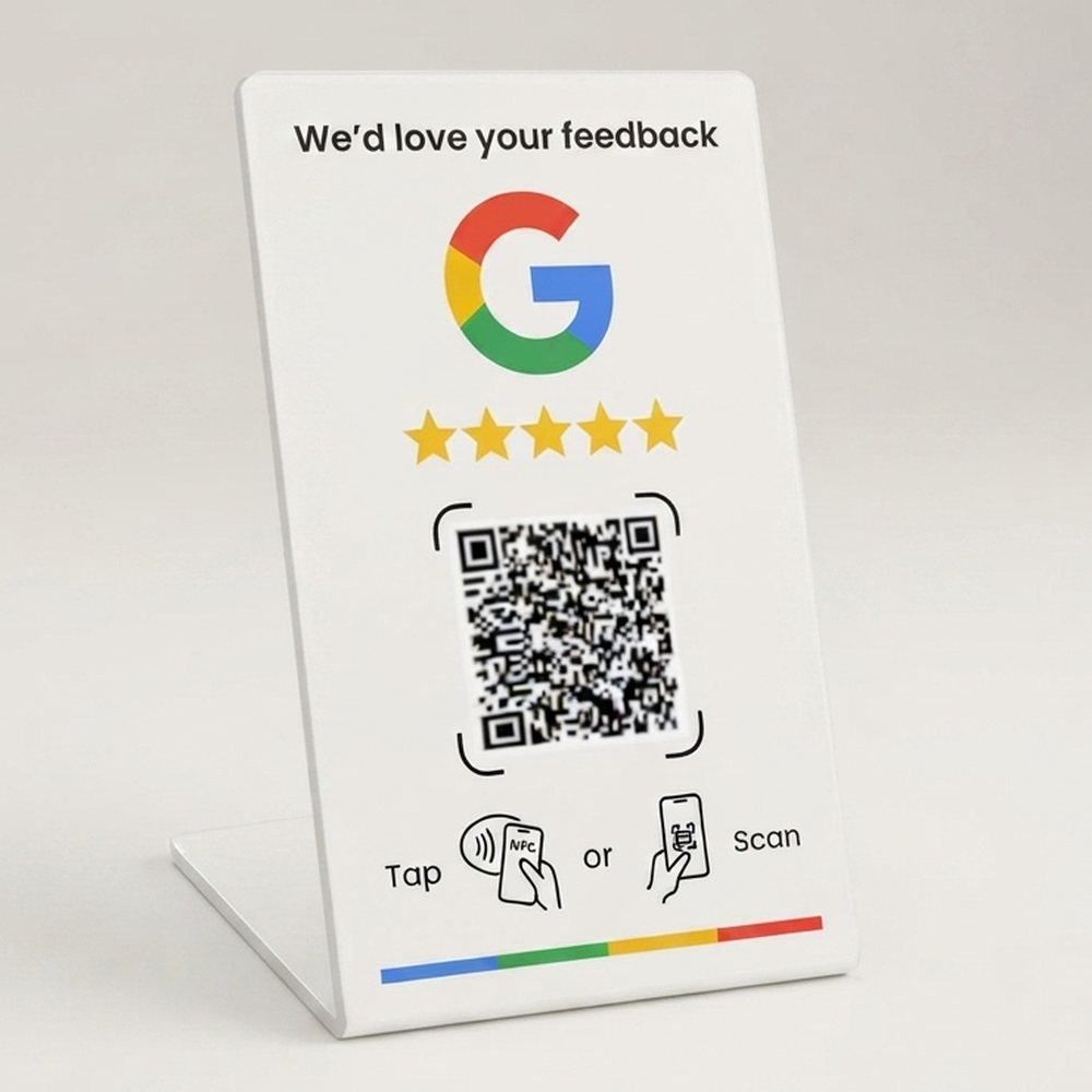 Soporte de sobremesa NFC + QR para reseñas de Google